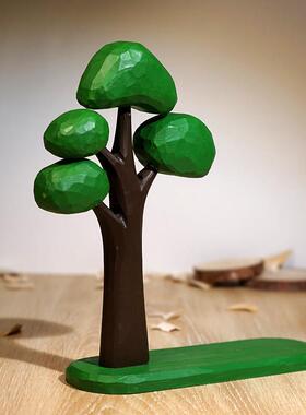 “幸福棉花糖”绿树木雕摆件卡通办公室电脑桌面书柜解压装饰品