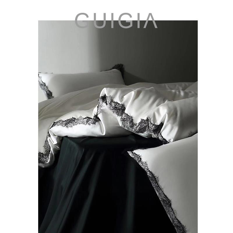 80支莱赛尔纤维刺绣四件套马卡粉简约风格床品套件