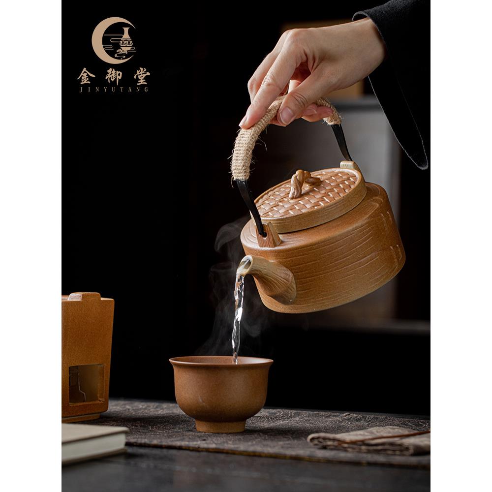 柴烧围炉煮茶壶提梁侧把壶复古手提粗陶茶壶简约茶具水壶户外泡茶