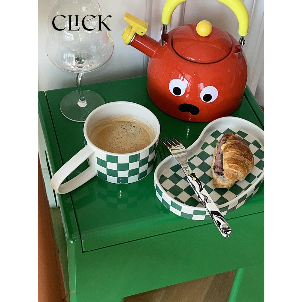 click覆古绿色棋盘格杯子盘子大把手马克杯咖啡杯首饰置物盘陶瓷