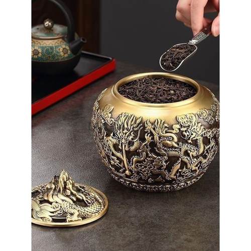 纯黄铜九龙茶叶罐储茶罐小号旅行随身小茶罐茶叶龙行天下纯铜茶罐