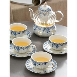 英式陶瓷小蓝花杯碟下午茶套装 高雅花茶壶蜡烛加热茶具咖啡杯碟