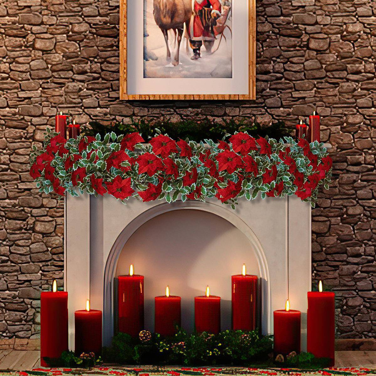 亚马逊仿真圣诞花藤条挂饰一品红圣诞壁挂家居壁炉摆件装饰