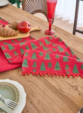 桌旗印花圣诞装饰餐旗绿色烫金茶几电视柜茶席长方形工厂