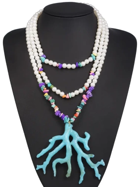 仿珍珠多层鹿角珊瑚造型吊坠项链时尚夸张波西米亚碎石项链