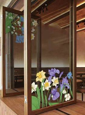 植物花卉店铺橱窗玻璃门贴纸紫色鲜花装饰服装门店窗花贴画静电贴