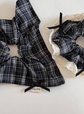 黑色小蝴蝶结复古格纹大肠圈浪漫蕾丝边发圈方圈头绳发饰新款