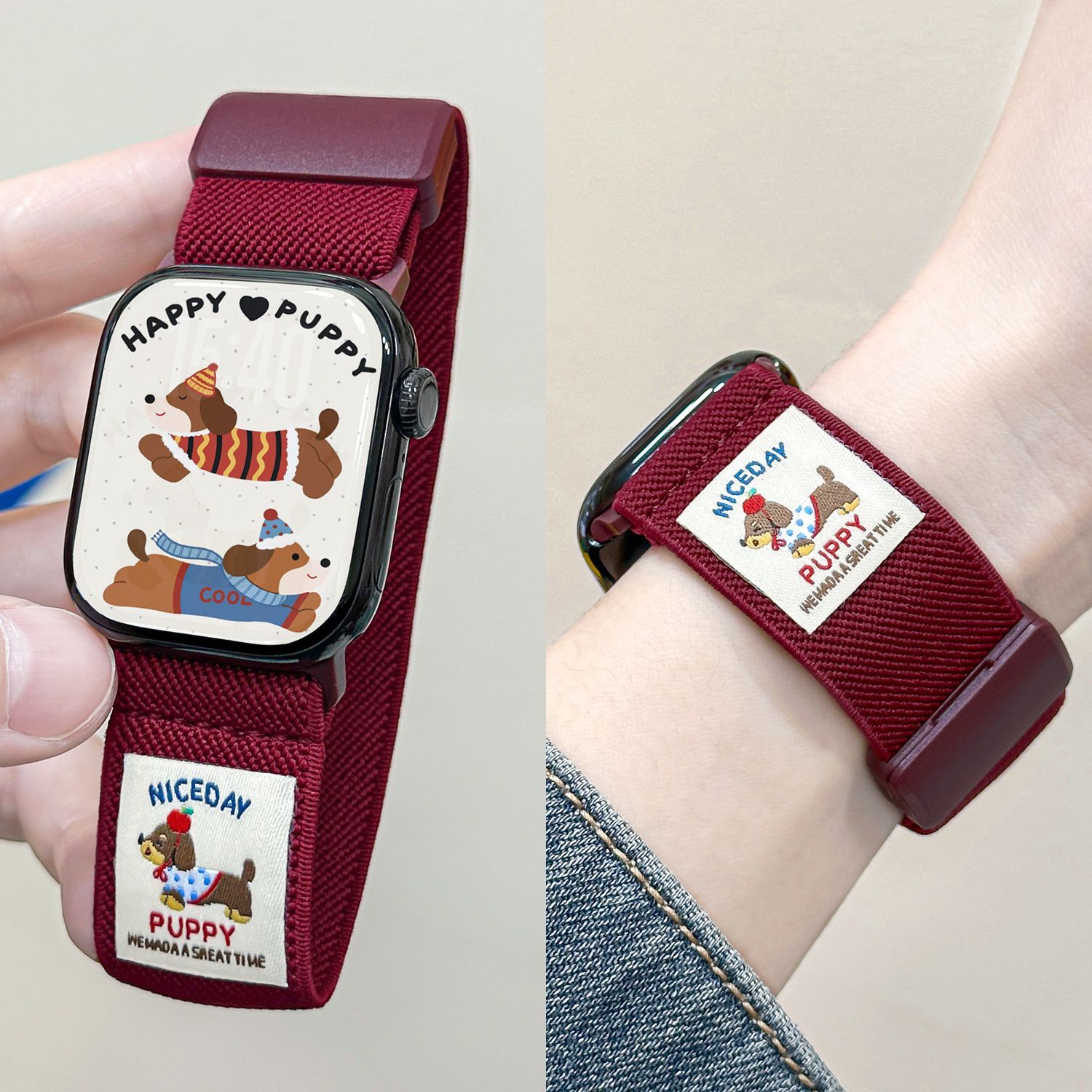 插画腊肠狗苹果iwatchS11手表98华强北s10表带磁吸编织尼龙女适用