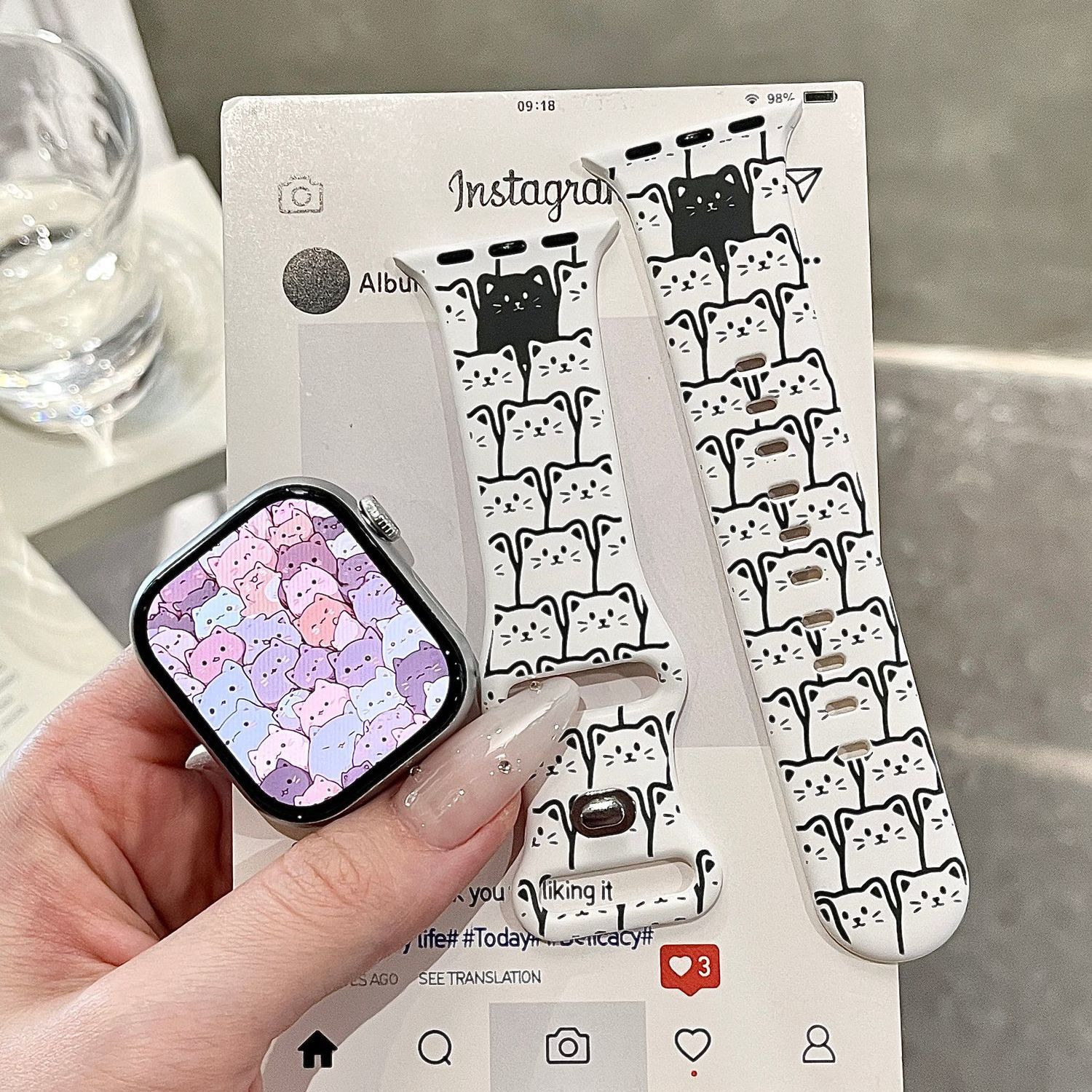叠叠乐猫咪白色硅胶适用iwatchs11/10表带趣味SE苹果表带s9/8创意
