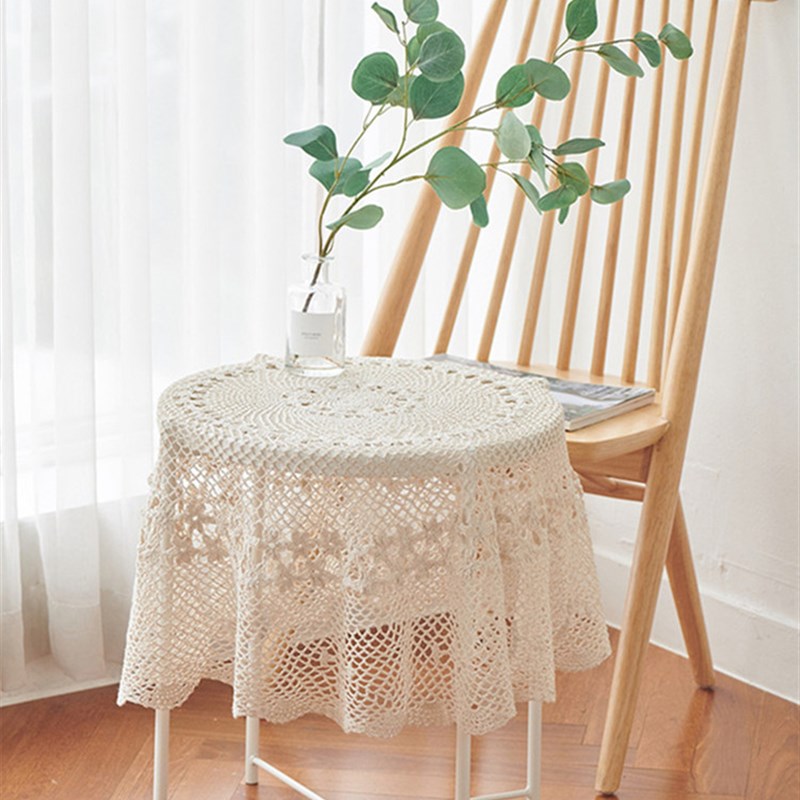 ins韩式风手工钩l花纯棉蕾丝装饰圆桌布 婚礼庆编织捕梦网镂空盖