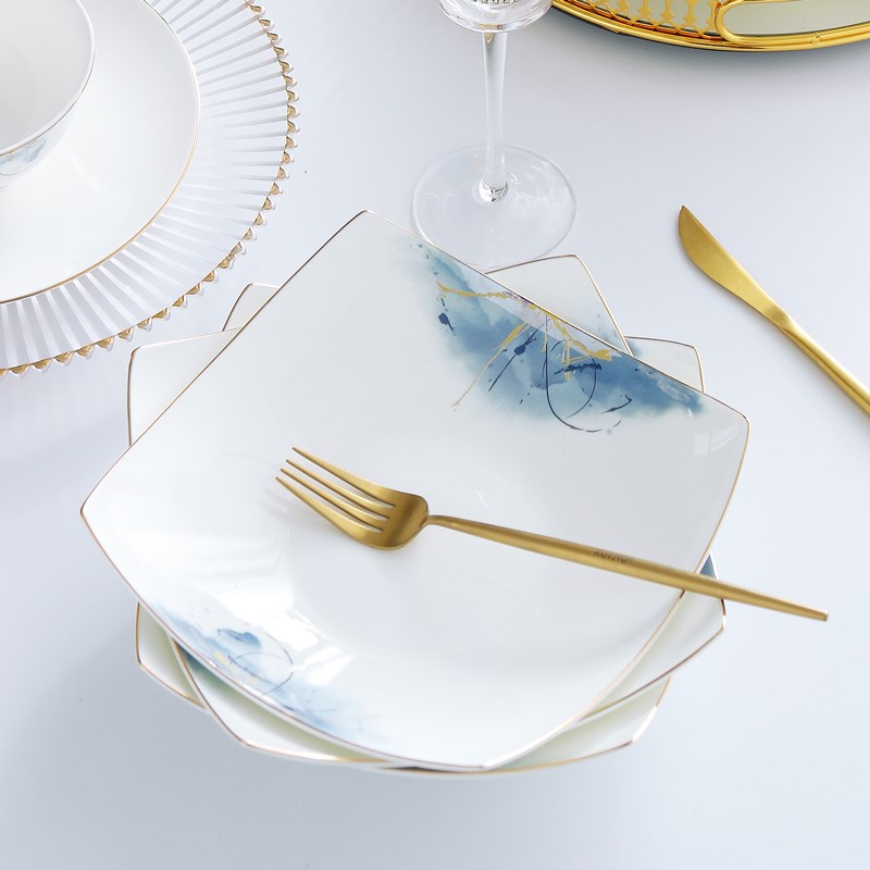 家用骨瓷深d菜盘子 创意8英寸翘脚盘深汤盘可微波金边饭盘沙拉盘