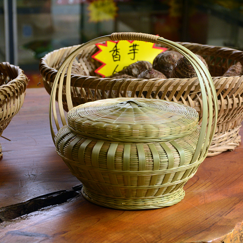 手提竹编带盖篮子纯手工编织圆z形礼盒 家居收纳篮户外野餐糕点篮