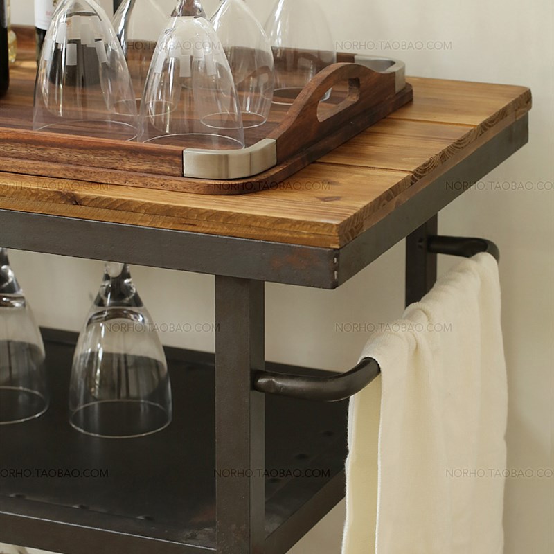 铁艺实木复古餐车酒水茶水手推车三层小推车移动厨房置.物架餐边