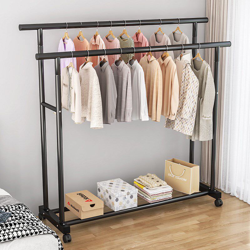 晾衣架落地家用挂衣m架折叠双杆简易卧室阳台可移动衣帽架固定置