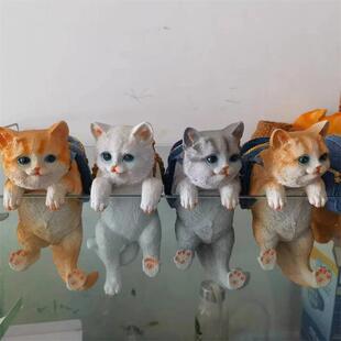 鱼缸造景缸壁挂件背包猫可爱 蓝色创意礼品装饰 灰色条纹猫收纳筐