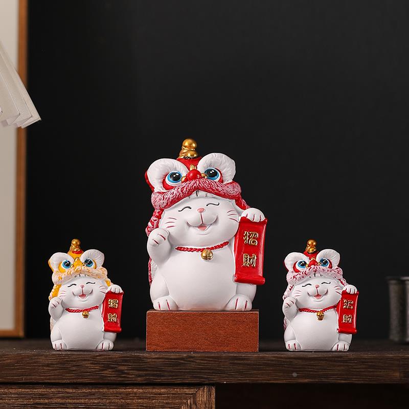 创意国潮醒狮舞狮招财猫可爱猫咪茶室桌面玄关茶宠装饰品摆件软装