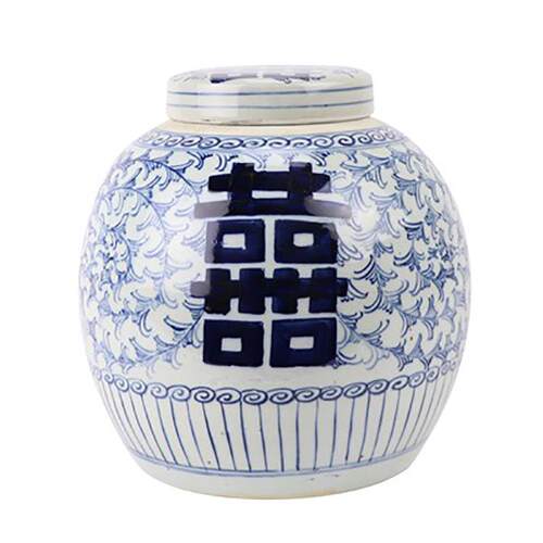 景德镇仿古瓷器青花喜字双喜字小坛罐喜字罐盖罐老坛子储蓄罐