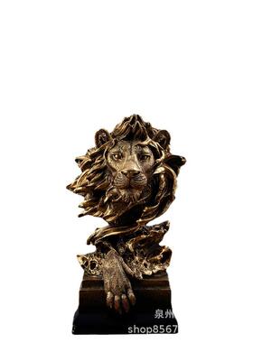 美式仿铜狮子头像复古动物树脂工艺品摆件玄关办公室酒柜软装装饰