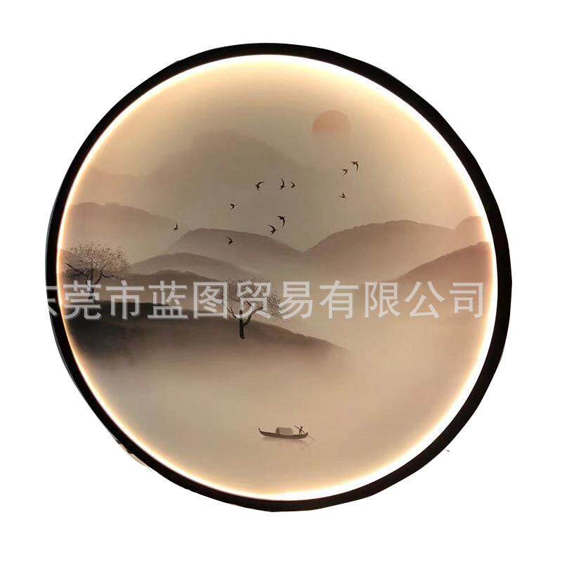 新中式玄关圆形装饰画led带灯茶室禅意屏风玄关发光水墨山水挂画