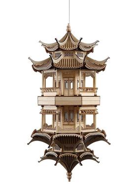 新中式古建筑八角亭模型倒影灯饰摆件书房玄关售楼处酒店装饰吊灯