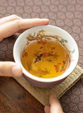 轻奢内绘紫色压手杯中式大号陶瓷功夫茶具单个茶杯品茗杯个人茶盏