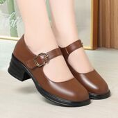 真皮女单鞋 旗袍走秀鞋 软牛皮中跟软底粗跟模特皮鞋 新款 跳舞妈妈鞋