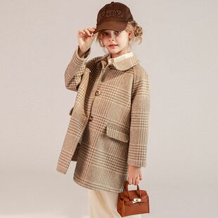 新款韩版童装中长款外套高端千鸟格双面羊绒大衣男童女童羊毛呢厚