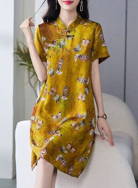 69561 金色中国风印花改良人丝香云纱金色蝴蝶花罗连衣裙女小个子