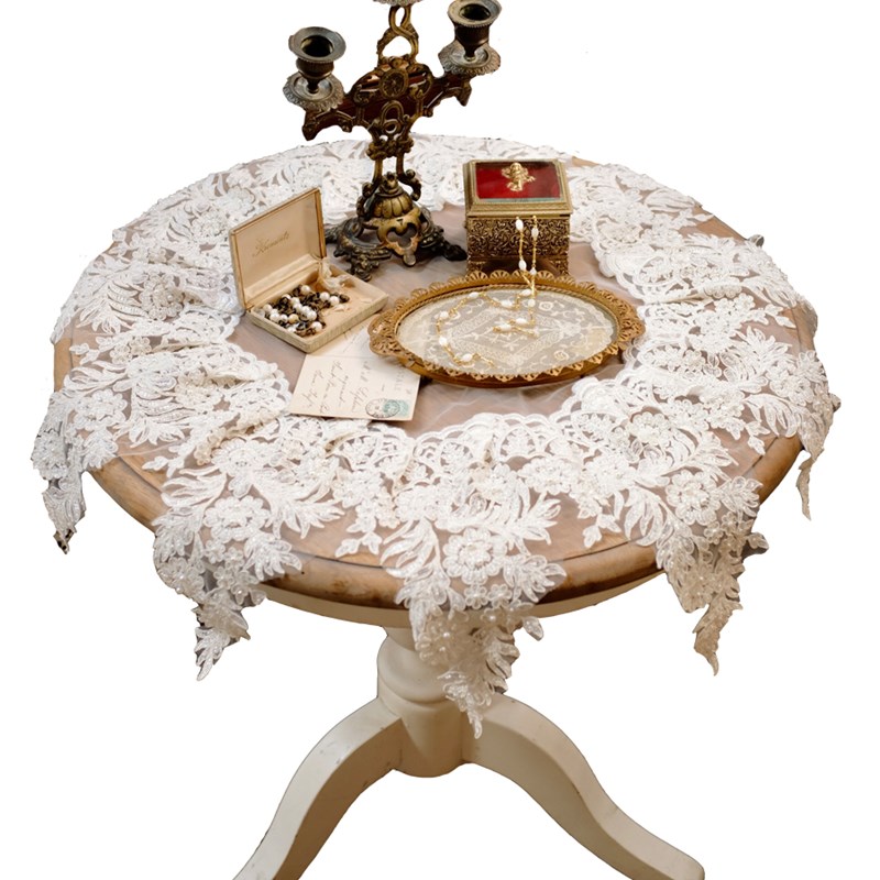 太重工了!LACESHABBY欧式复古轻奢白色刺绣珍珠蕾丝盖.巾桌布桌旗