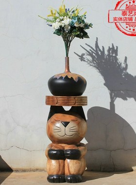 泰国木雕猫凳手工实木创意可x爱猫摆件家用餐凳客厅电视柜时尚花
