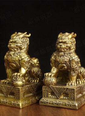 纯黄铜麒麟福财铠甲麒麟摆件一对踩聚宝盆方底座盔甲太极八卦麒麟