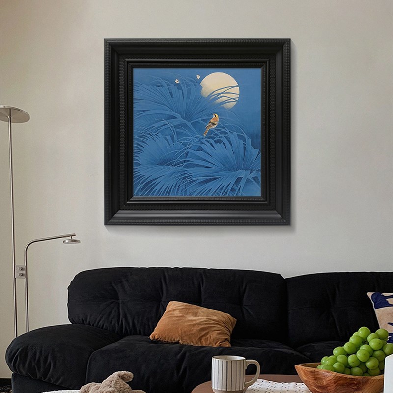 日式侘寂风月亮装饰挂画中古风蝴蝶E麻雀客厅玄关手绘油画桌面摆图片