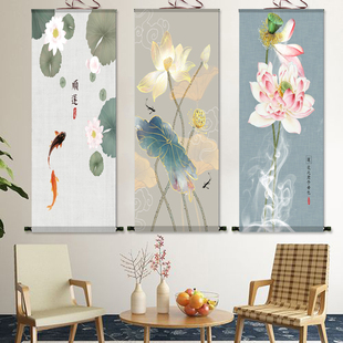 荷花图花鸟画卷轴画丝绸画绢画新中式轻奢挂画玄关装饰画鱼戏莲叶