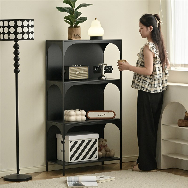 铁梵铁艺书架一体靠墙落q地书柜儿童置物架钢制小矮柜办公室储物