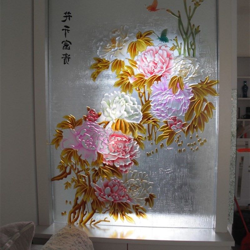 定制透光中式玄关屏风隔断背景墙钢化雕刻工艺术玻璃花开富贵牡丹