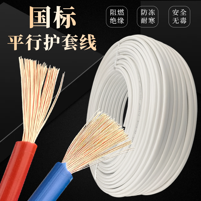 电线软线二芯国标足2.5/4/6平方护套线2芯家用电缆线电源线100米