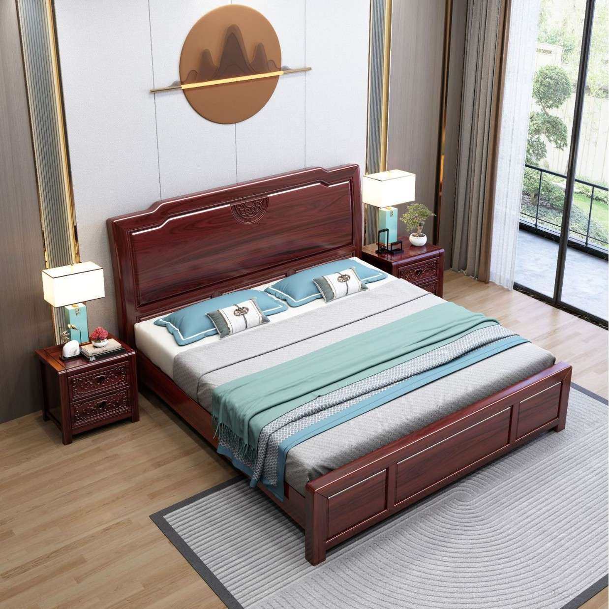 新中式澳洲酸枝实木床1.8M双人主卧婚床1.5M别墅简约气压储物大床