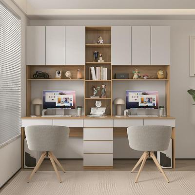 定制双人位书桌现代简约写字台书柜一体组合带书架电脑桌子