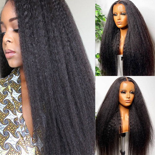 好货Kinky Straight Wig 180% Density Black Yaki Lace Front Wi