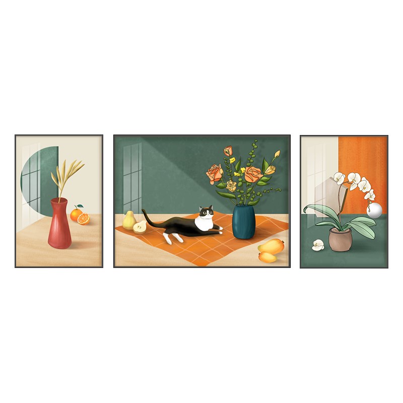 蓝色系猫咪客厅装饰画沙发背景墙壁画现代简约墙画三联墙面挂画图片