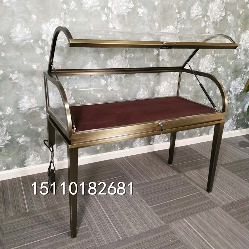 精品弧面珠宝展示柜工艺品模型展柜上掀门弧形玻璃靠墙矮柜台定做