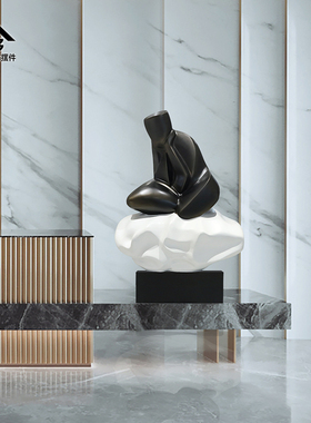 售楼部酒店大堂前台摆件新中式人物装置艺术品落地玻璃钢禅意雕塑