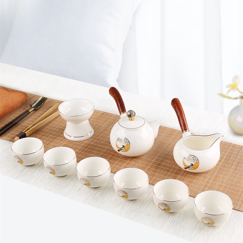 德化羊脂玉有柄侧把m壶单品白瓷功夫茶具大容量过滤泡茶壶喜鹊描