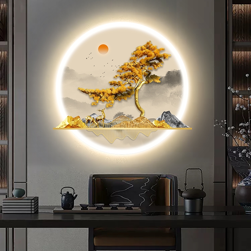 鸿运当头入户玄关装饰画新中式迎客松走廊发光画轻奢鹿XLED灯挂画