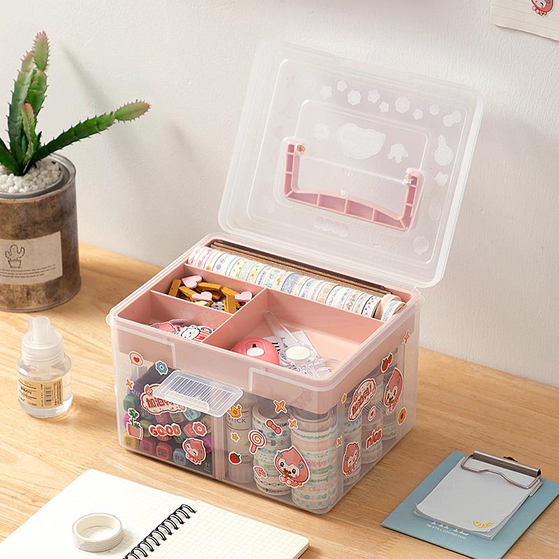手账文具收纳盒桌面带盖透明分格贴纸素材胶带马克笔置物架整理箱