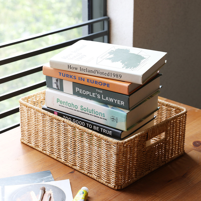 塑胶藤编织收纳篮长方形 现代电视柜储物篮子 收纳筐橱柜整理篮筐