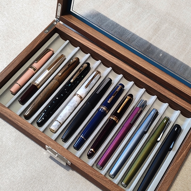 木纹色文b具收藏盒带盖透明玻璃签字笔展示陈列架钢笔高档笔收纳