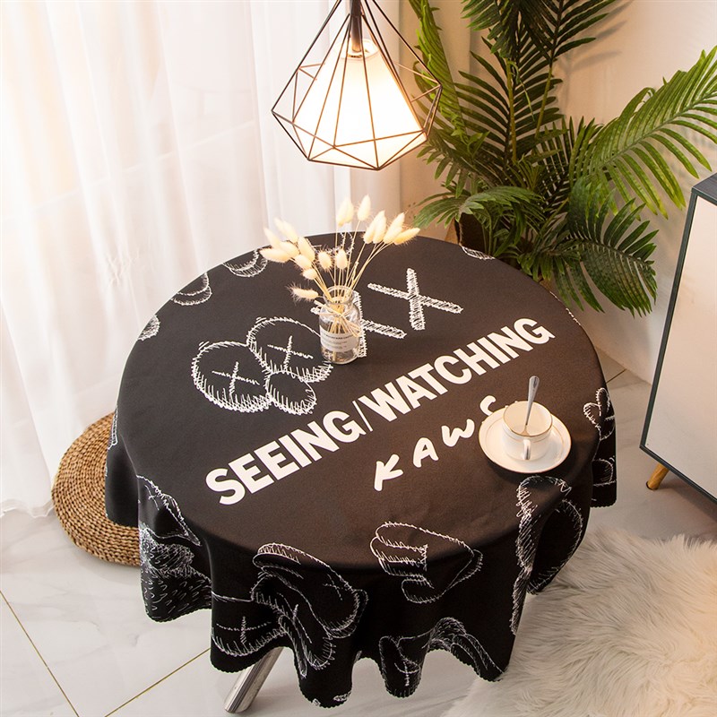 潮牌圆形桌布小圆桌家用芝黑色免洗耐E脏麻街KAWS桌垫防水餐桌布