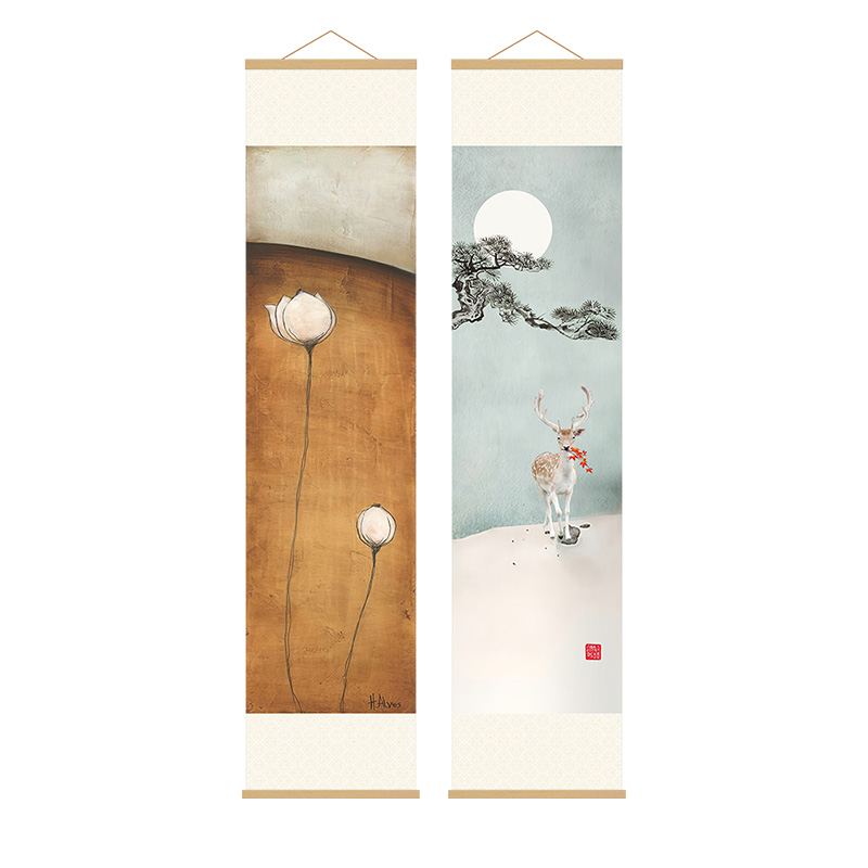 新中式卷轴挂画入户玄关竖版装饰画茶室书K房水墨画日式荷花竹帘图片