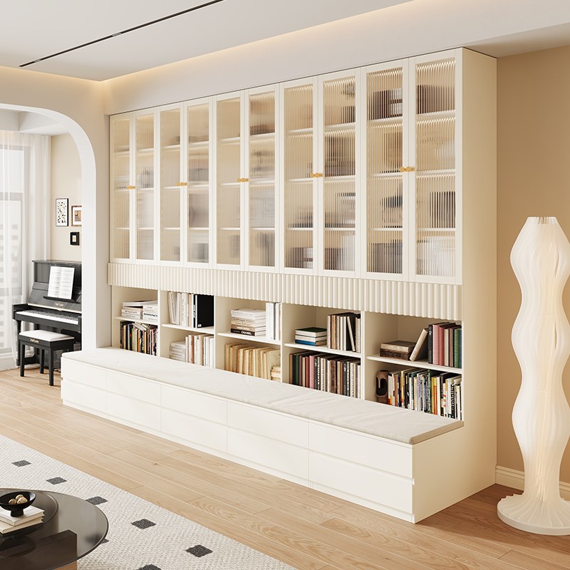 实木定制卡座书柜一体整墙客x厅橡木玻璃展示柜满墙置储物落地书